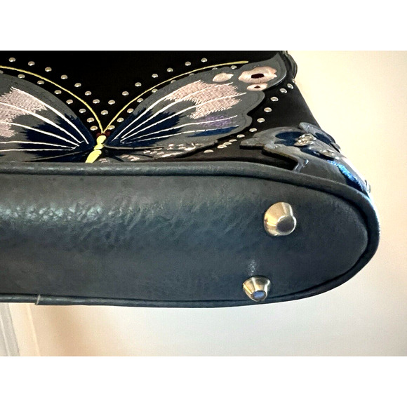 Concealed Carry Leather Blue Black Handbag Purse Embroidered Butterfly & Flowers - Picture 10 of 10
